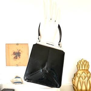 bag DKNY City black patent mini handle detailing kiss-lock closure 5.5x4.5x2